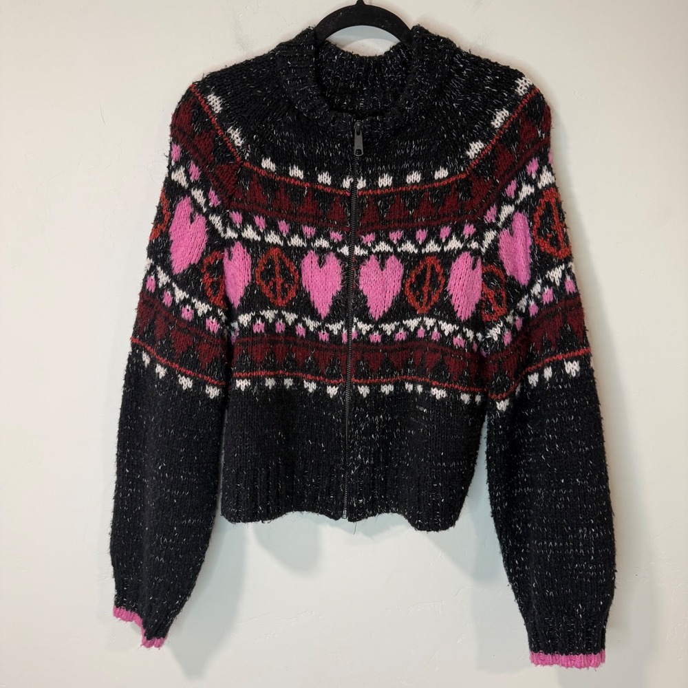 Pilcro Womens Peace Love Intarsia Zip Cardigan Sweater M Black Fair Isle Heart